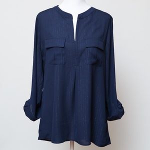 Studio Works Blouse - Navy Blue with Silver Stripes - Size M - With Tags